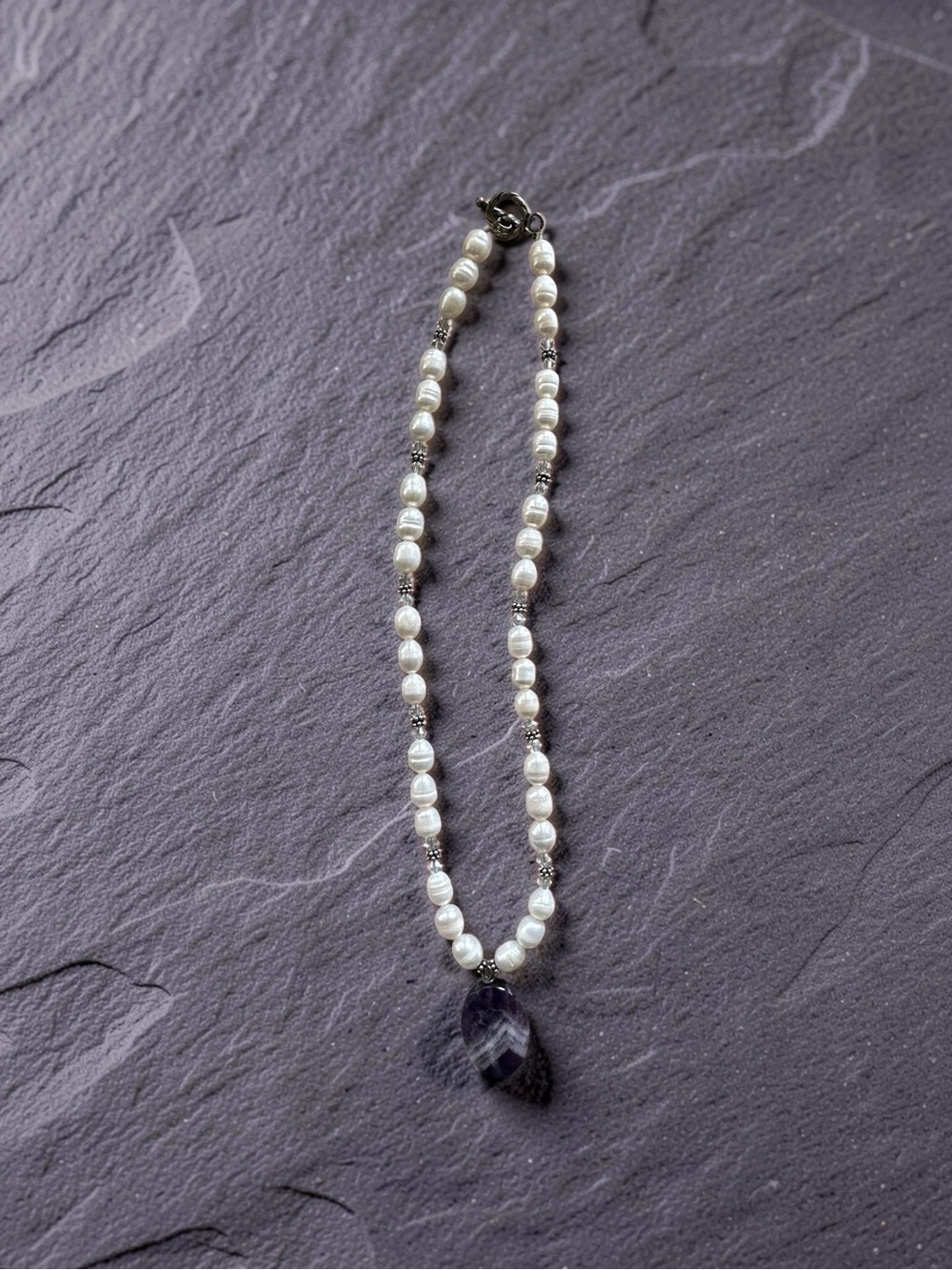 Pearl Necklace with Amethyst Teardrop Pendant - White Pearl Like Beads